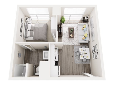 A floor plan of a small apartment with a kitchen, living room, and two bedrooms.